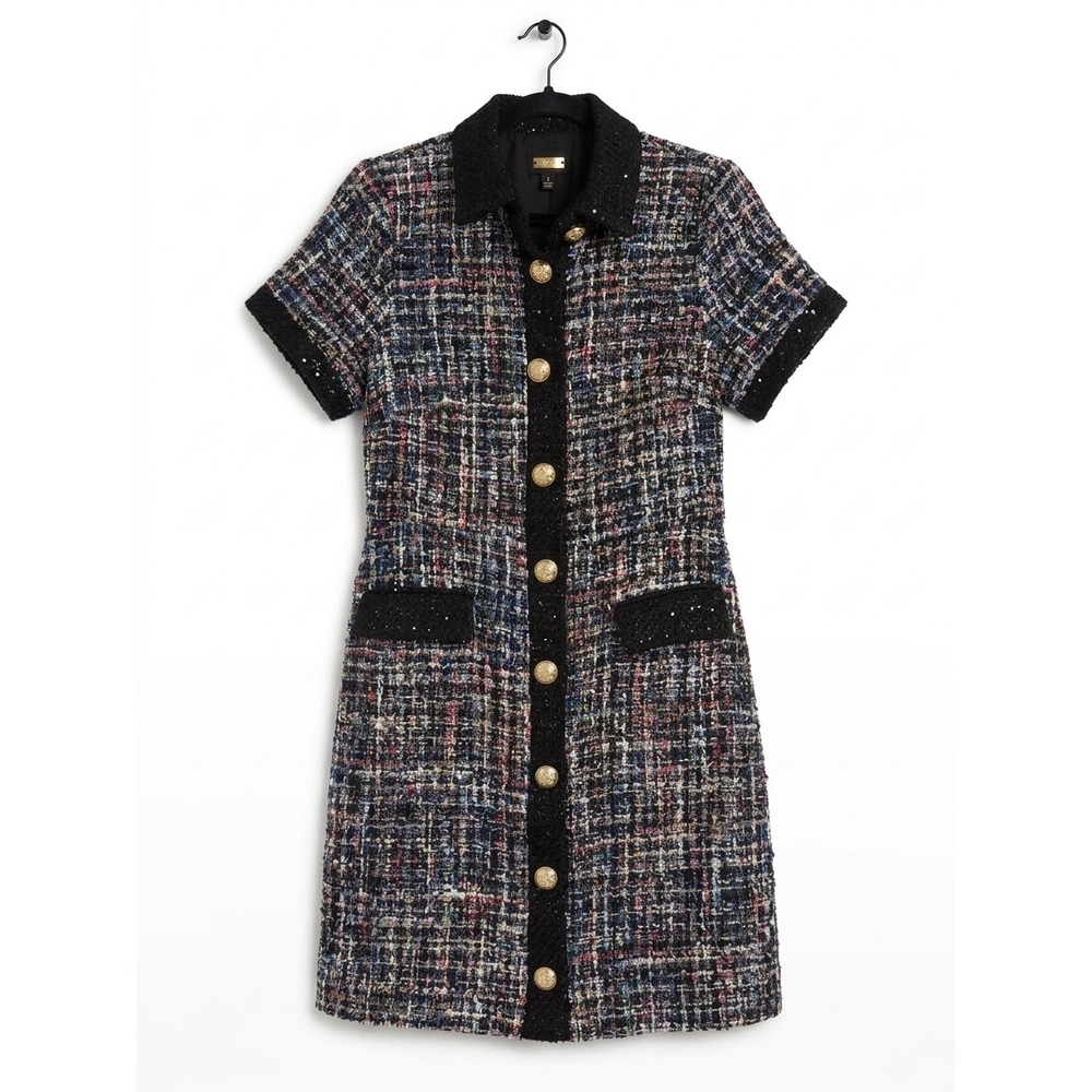 Alexia Admor New York Tweed Mini Dress Button Front Gold Crest Button Size 8 NEW